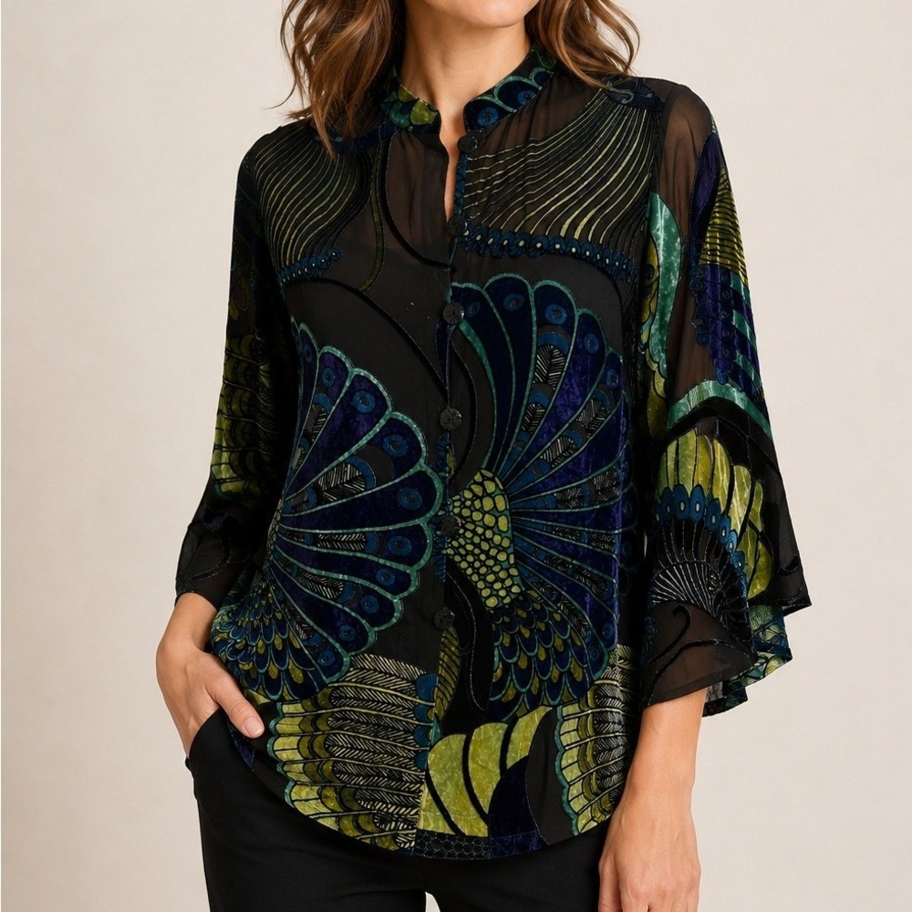Citron Santa Monica Wearable Art Peacock Burnout Velvet SilkBlend Tunic Blouse M